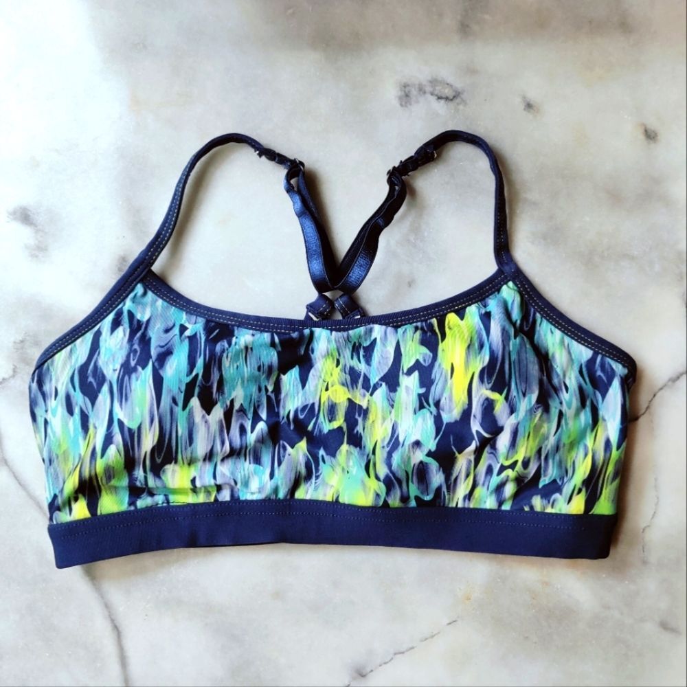 Marika Tek 4 Way Stretch Padded Strappy Sports Bra, Navy Wave Print, Sz S